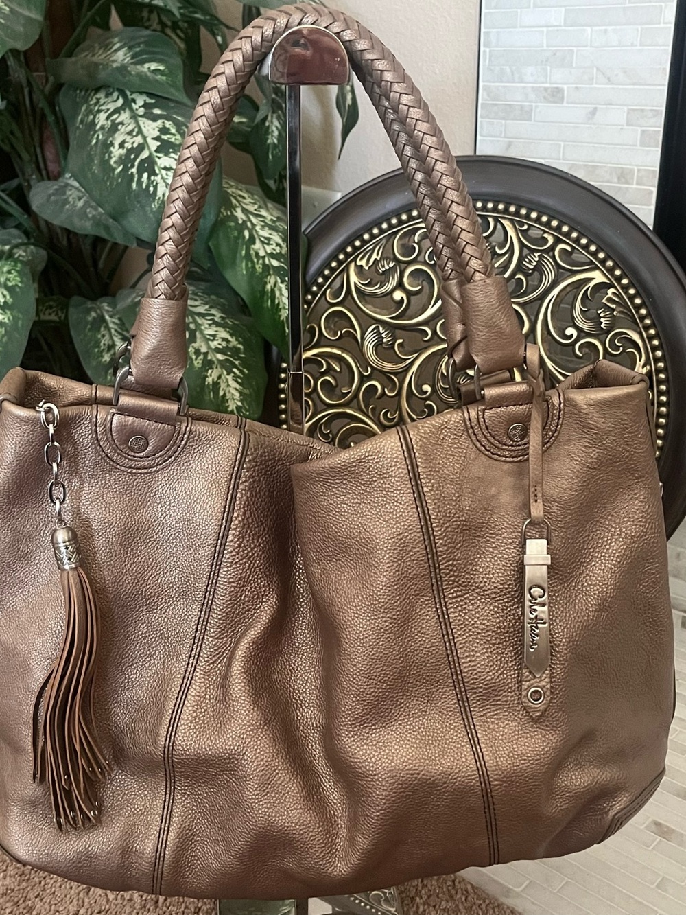 Cole Haan Bronze Brown Leather Braided-Handle Shoulder Bag